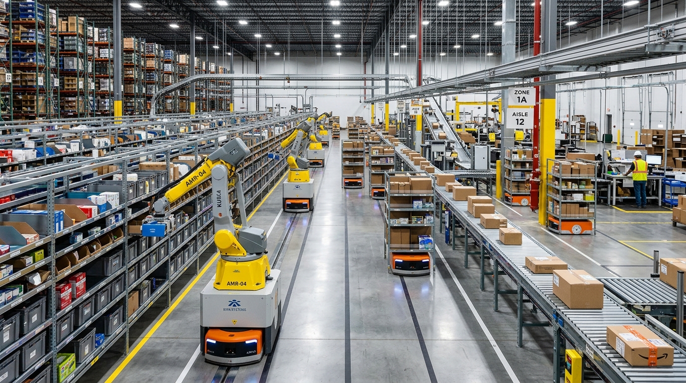 Automated fulfillment warehouse with robots and conveyor belts
